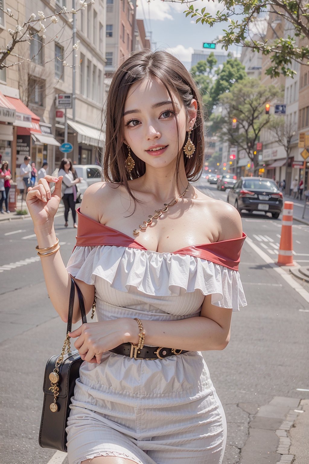 (masterpiece), best quality, ultra high res, 1girl, (21 years old beautiful korean girl:1.2), cowboy shot, (pale skin), off shoulder white dress with high-quality tailoring makeup Fashionable city street Classic handbag and jewelry sleek bob, smile, large breasts,