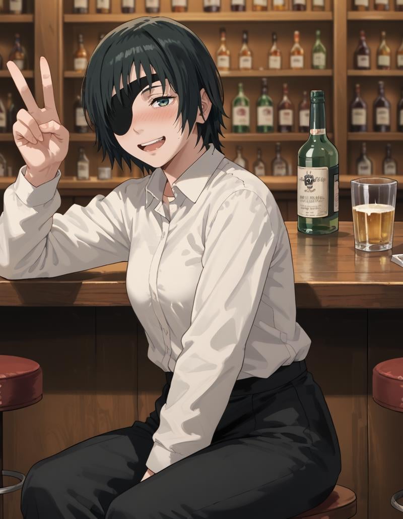 <lora:Himeno_4_Outfits:1>, himeno, 1girl, black hair, eyepatch, short hair, white shirt, sitting, indoors, bar, drunk, v