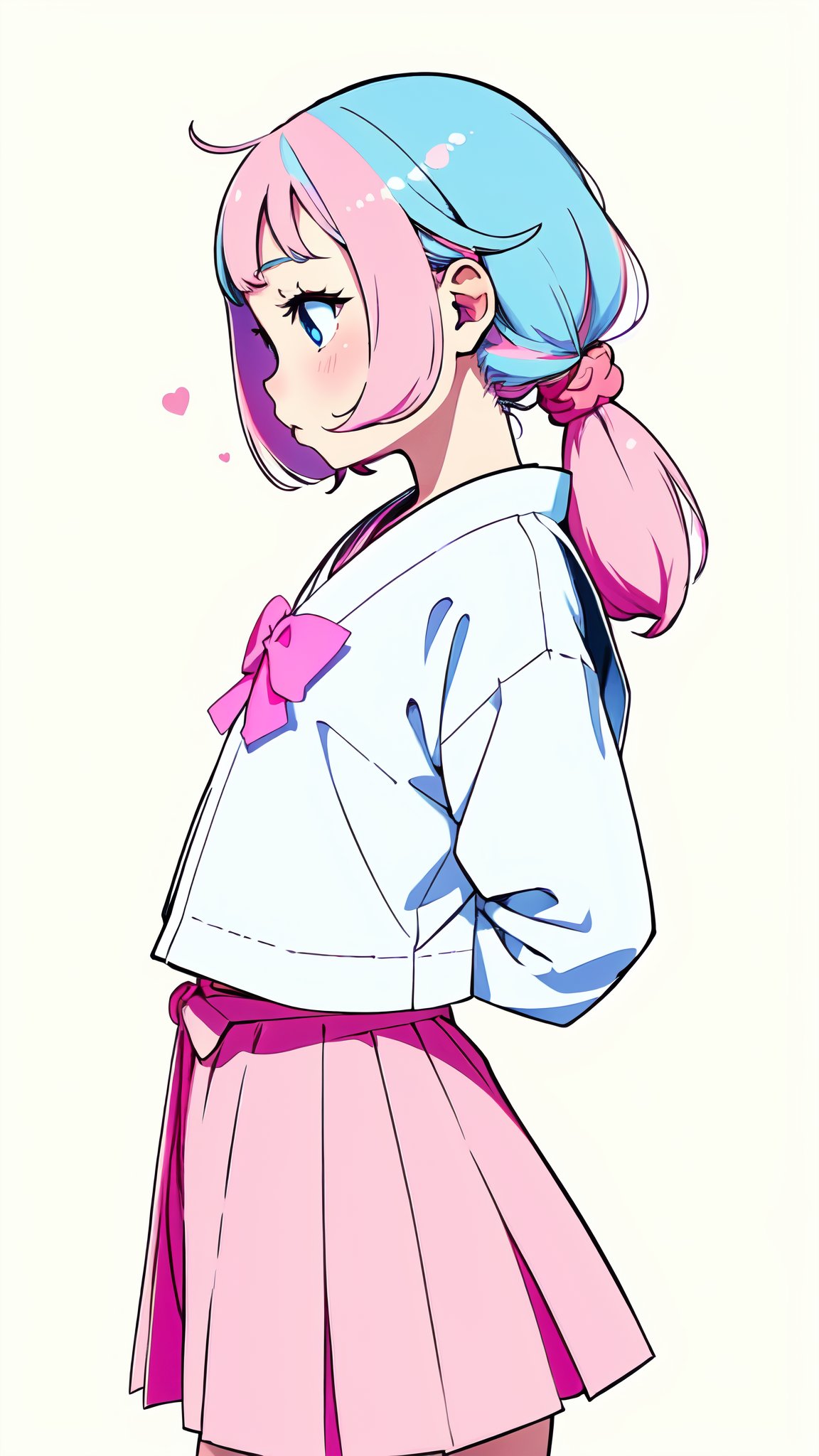 1girl ((kawaii)) Japanese Anime // Manga style Japanese Schoolgirl posing, viewed from the side, ((Colorful)) Pastel, Electric baby blues, light vibrant pinks, Extremely finely detailed, Very flat style, flat stylistically flat drawing flat