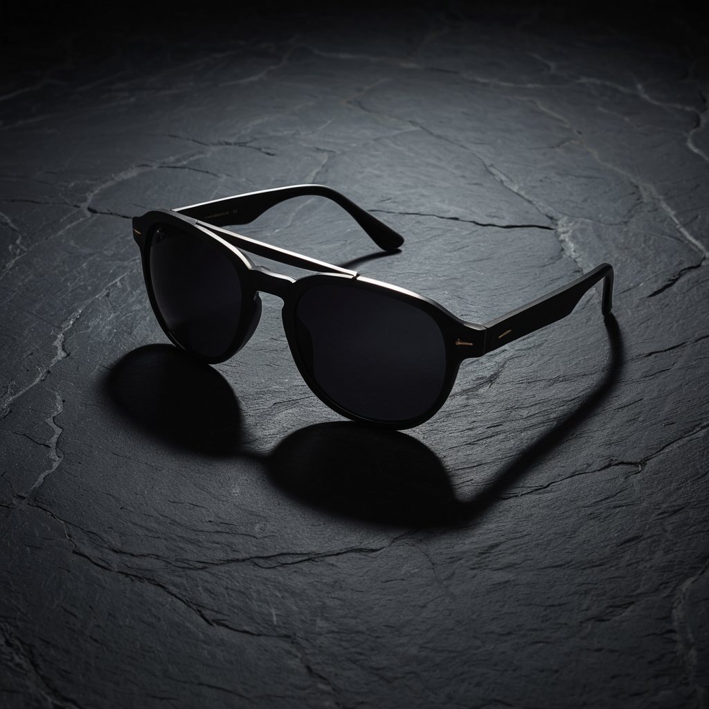 a pair of sunglasses on a dark slate stone surface,  matte charcoal texture,  dramatic soft top light by HanselCraft on Te...