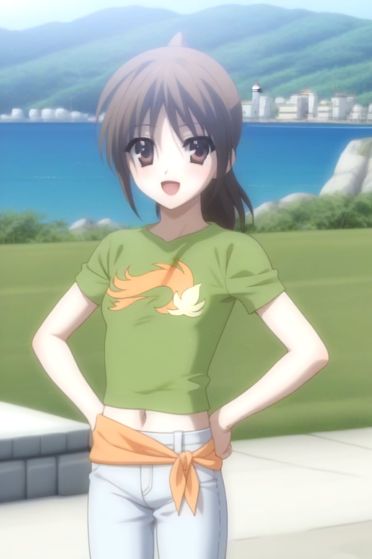 Highly detailed, High Quality, masterpiece, beautiful, source_anime, 1girl, solo, (feminine focus, young woman, 16 years old), Otome Katou, brown hair, brown eyes, medium hair, ponytail, tiny_breasts, green shirt, navel, midriff, jeans, sea lighthouse, stones near the coast, looking_at_viewer, standing, hands on waist, happy, open_mouth, Focus breasts<lora:EMS-453333-EMS:1.000000>