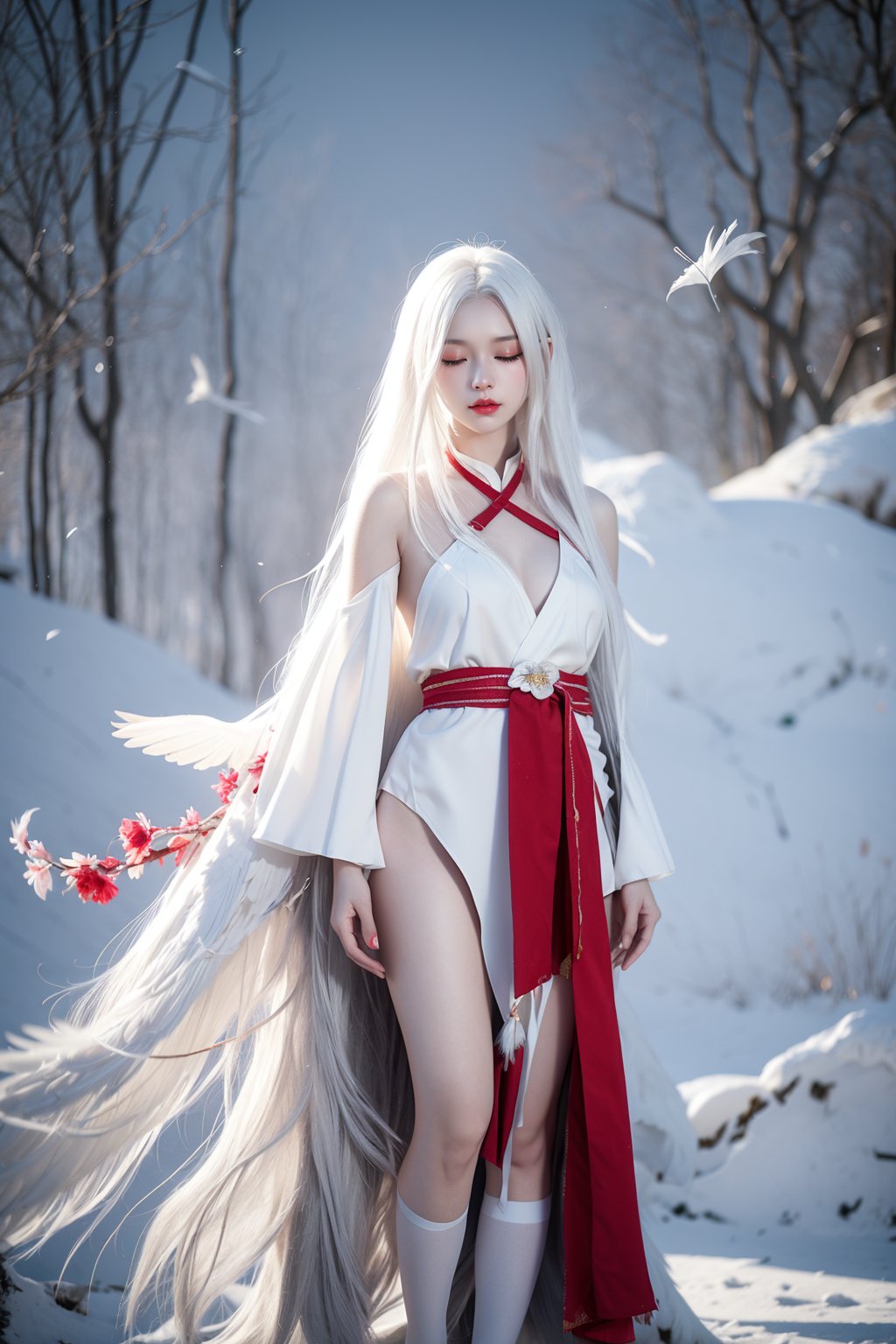 1gril,background,cos,cosplay,shaoluo figure,thighhighs,full body,Ink painting,1girl,solo,white hair,white theme,red lips,upper body,closed eyes,closed mouth,bare shoulders,lips,pale skin,facing viewer,long hair,flower,feathers,(very_long_hair,:1.3),