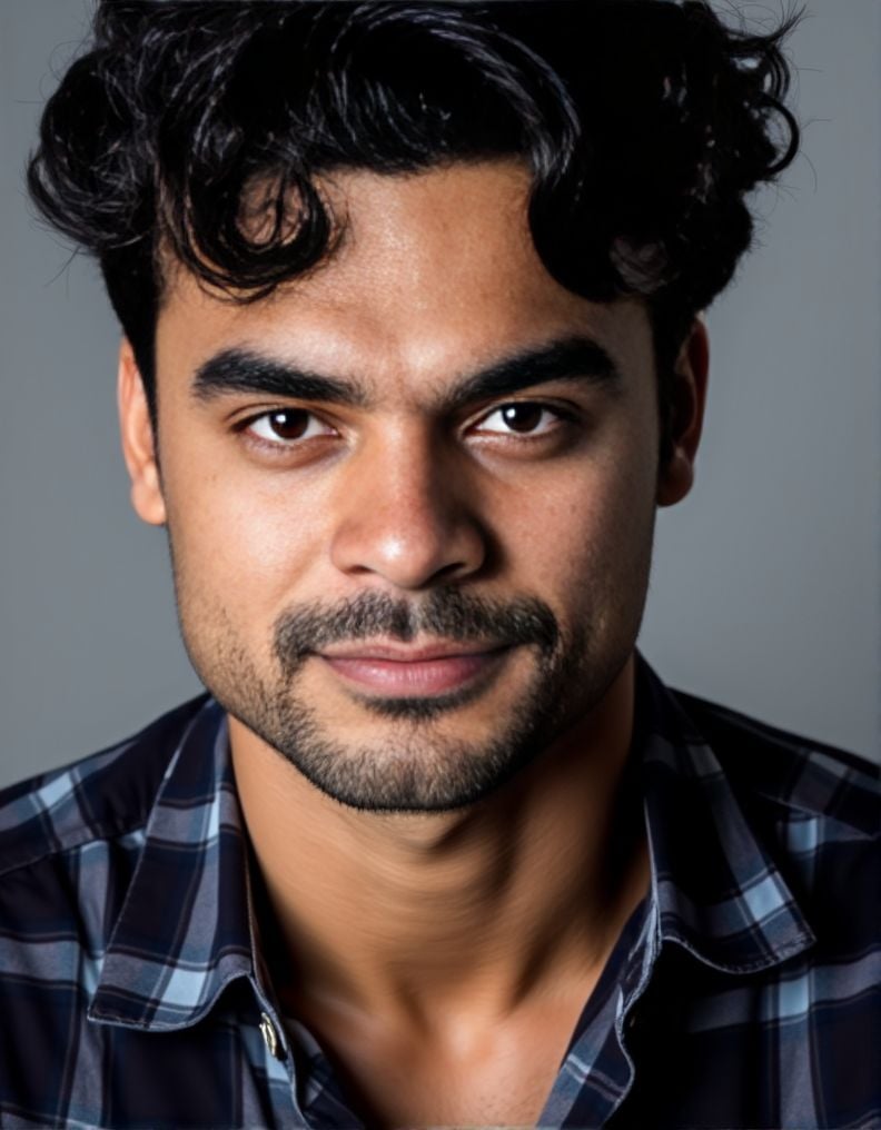 tovino thomas ,  posing confidently at during a portrait photoshoot. The scene is focused on a headshot. intense gaze and...