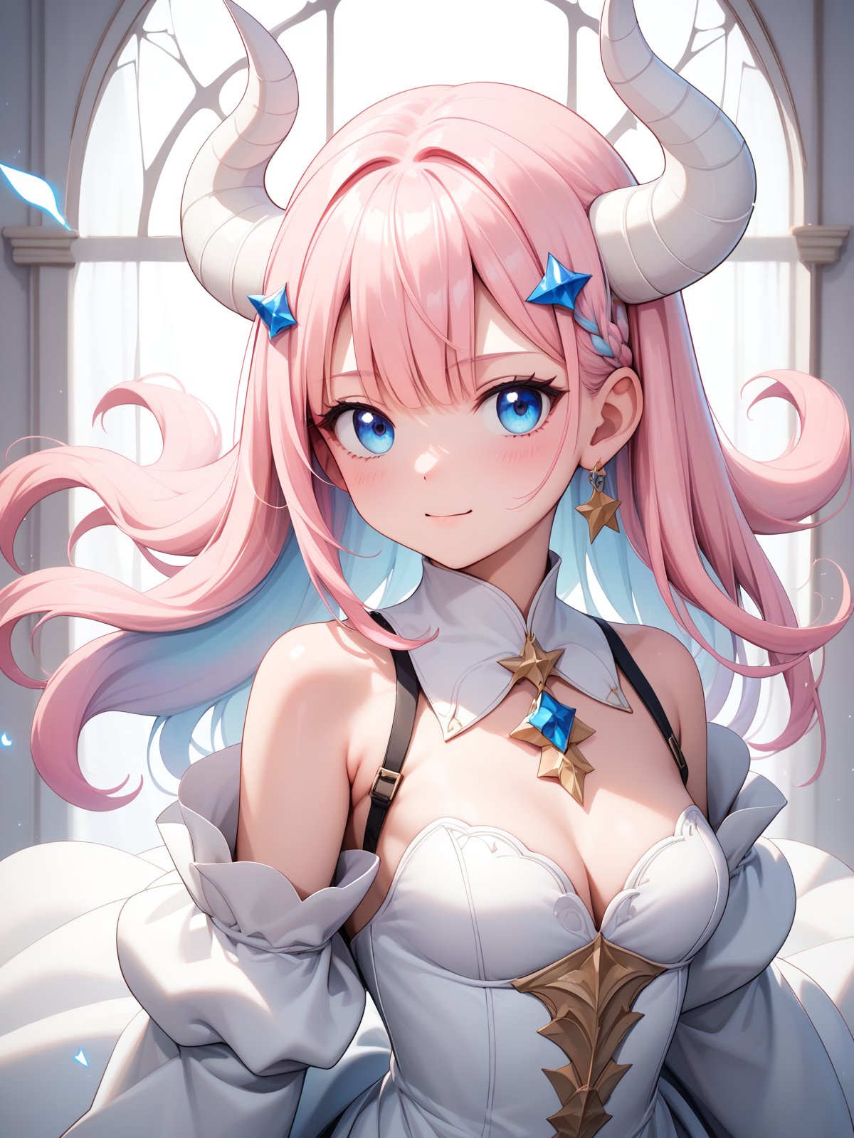 Score_9, score_8_up, score_7_up, masterpiece, best quality, 1girl, <lora:yuta-chernobaeva-pxl:0.7>, yuta-chernobaeva-pxl, Pink hair, blue eyes, Gradient hair, White horns