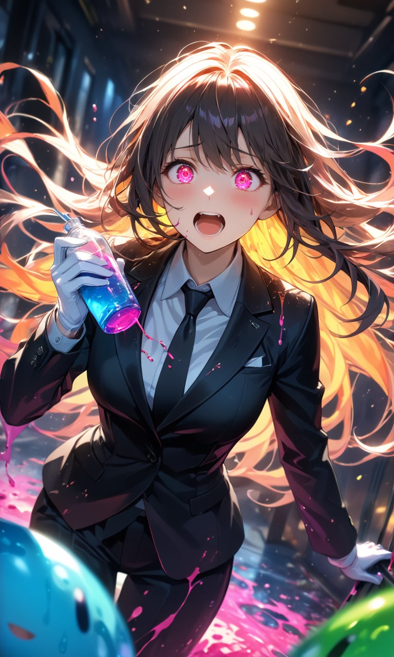 (Depth of field, hdr, 8k wallpaper, cinematic angle, cinematic lighting,:1.1) (masterpiece, best quality:1.45), 1girl, neon colors, scared expression, drinking, bright colored liquid, splatter everywhere, whoops, laughing, black suit, black neck tie, white gloves, glowing eyes, chaotic, long hair, floating hair, slime