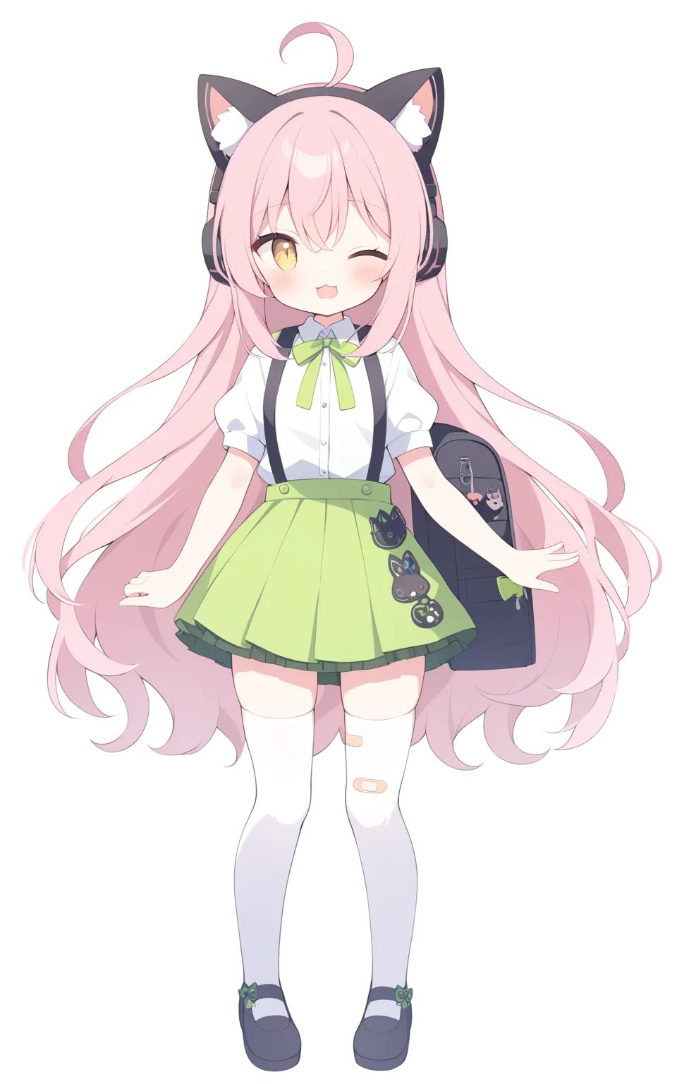 1girl,   yumenouchi chiharu, sakura \(39ra\), tyakomes, henreader, baku-p, daizu \(melon-lemon\), masterpiece, newest, absurdres, safe,green skirt, one eye closed, pleated skirt, puffy sleeves, mary janes, ahoge, skirt, very long hair, white thighhighs, green bow, buttons, puffy short sleeves, green bag, animal ears, straight-on, white shirt, long hair, zipper, black footwear, white background, full body, tachi-e, animal ear headphones, green ribbon, short sleeves, bell, bag, pink hair, bandaid on clothes, jingle bell, headphones, backpack, simple background, ribbon, yellow eyes, standing, zettai ryouiki, suspender skirt, solo, open mouth, :3, sidelocks, bow, shoes, shirt, neck ribbon, fake animal ears, looking at viewer, bandaid, suspenders, cat ears