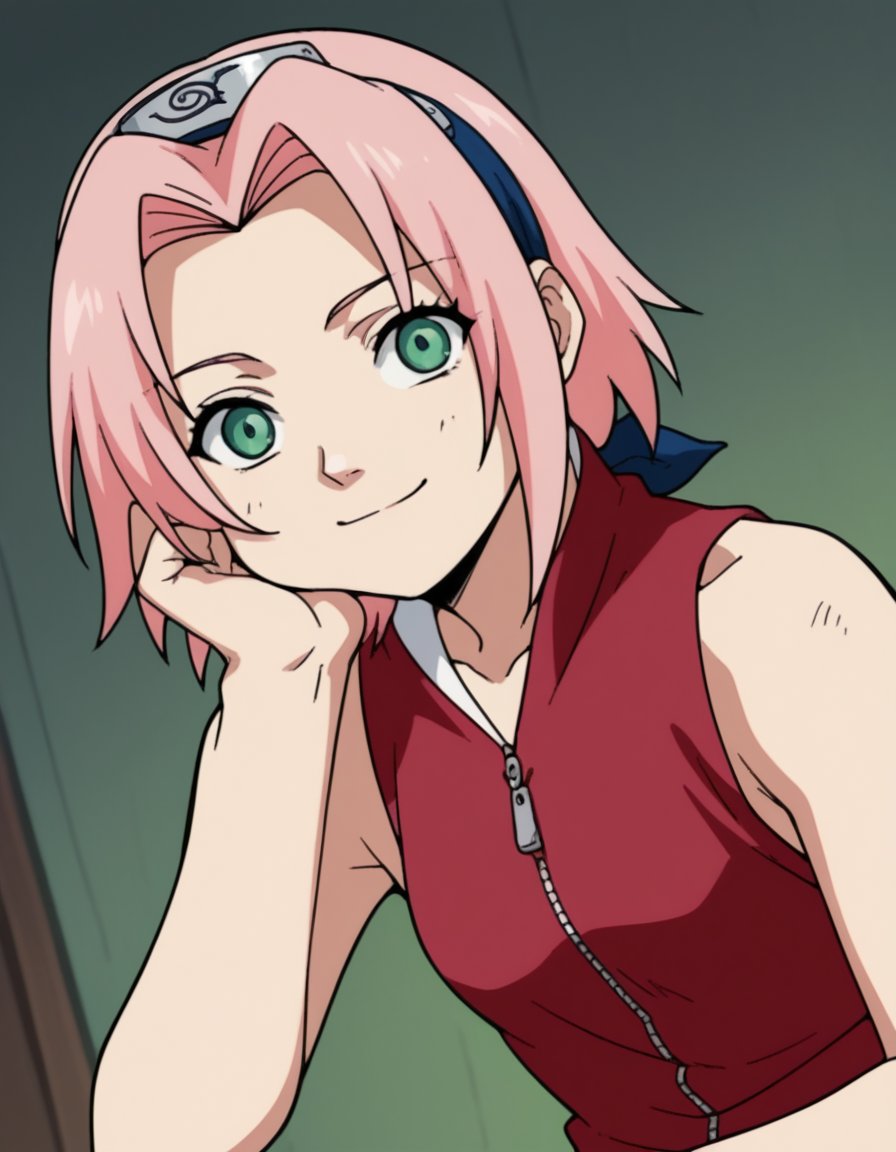 score_9, score_8_up, score_7_up, source_anime, <lora:sakura-haruno-s1-ponyxl-lora-nochekaiser:1>, sakura haruno, medium hair, green eyes, pink hair, parted bangs,, dress, bare shoulders, collarbone, sleeveless, sleeveless dress, zipper, zipper pull tab, forehead protector,, indoors, smile, looking at viewer, solo, sitting, head rest,, cowboy shot, dutch angle