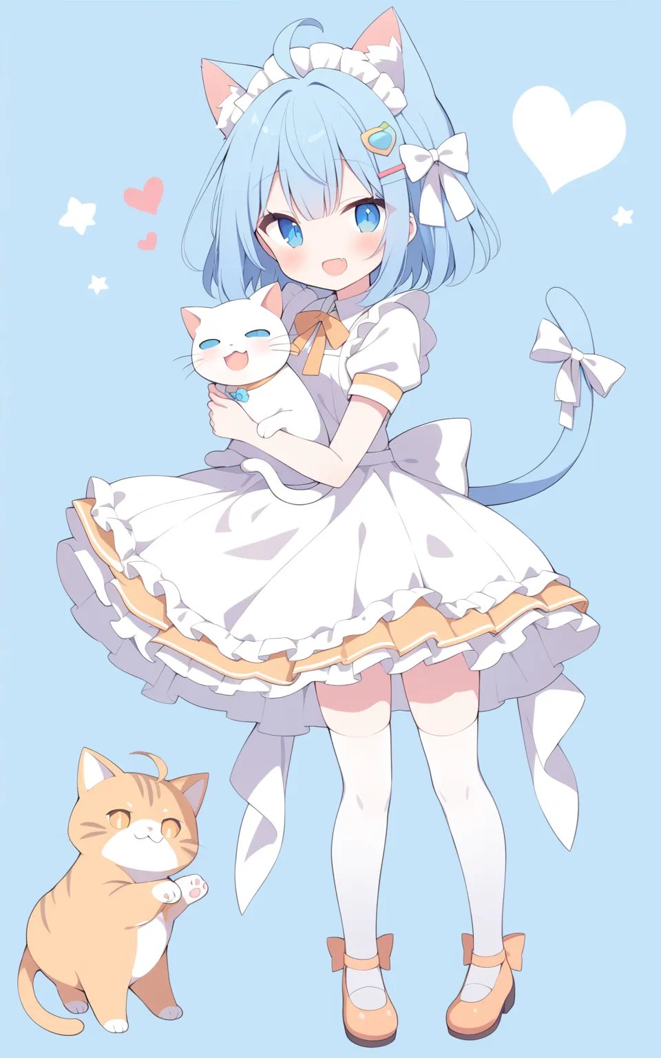 1girl,   yumenouchi chiharu, sakura \(39ra\), tyakomes, henreader, baku-p, daizu \(melon-lemon\), masterpiece, newest, absurdres, safe,thighhighs, tail ornament, orange footwear, heart, animal, short sleeves, blue hair, looking at viewer, white ribbon, dress, bow, white thighhighs, blunt bangs, neck ribbon, simple background, cat, white dress, short hair, puffy sleeves, hair ornament, :d, apron, full body, back bow, ahoge, white bow, sidelocks, puffy short sleeves, detached ahoge, frilled apron, tail, shoes, cat ears, smile, blue eyes, maid apron, holding cat, ribbon, star \(symbol\), fang, tail ribbon, cat tail, animal ears, blunt ends, hair bow, cat girl, white apron, holding animal, heart tail, solo, hairclip, frills, blue background, holding