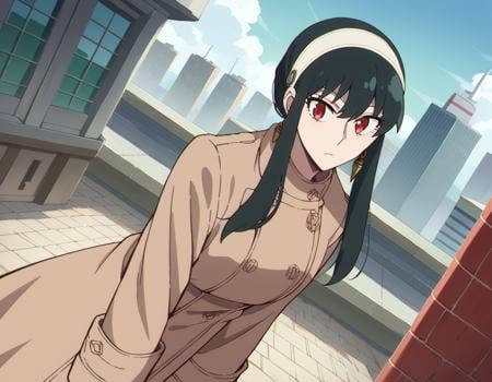 score_9, score_8_up, score_7_up, source_anime,yorbriar, <lora:yor-briar-s1-ponyxl-lora-nochekaiser:1>,yor briar, black hair, red eyes, earrings, white hairband, hairband, long hair, sidelocks,coat, trench coat,outdoors, cityscape, bent over,looking at viewer, dutch angle, cowboy shot,