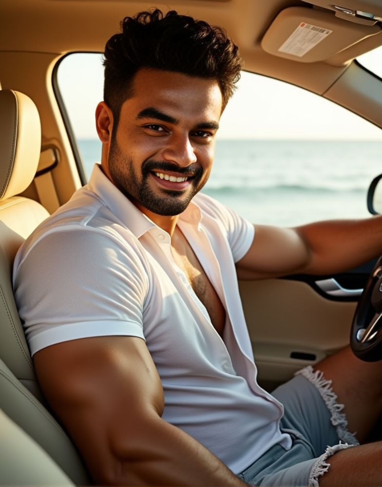 tovino thomas ,  male focus. shirtless smiling. editorial. empathetic eyes. sitting in the passenger seat of a car. natura...