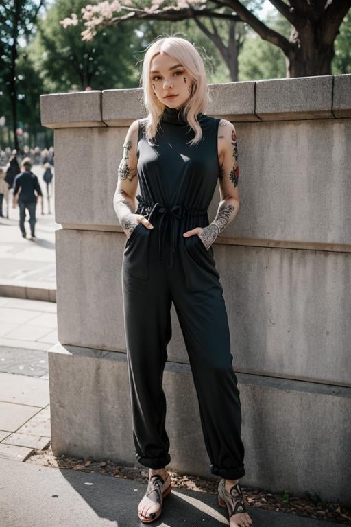 SGShkurushkain lots of tattoos tattooed wearing a jumpsuit in  the city park,  <lora:SGShkurushka_198800:0.55>