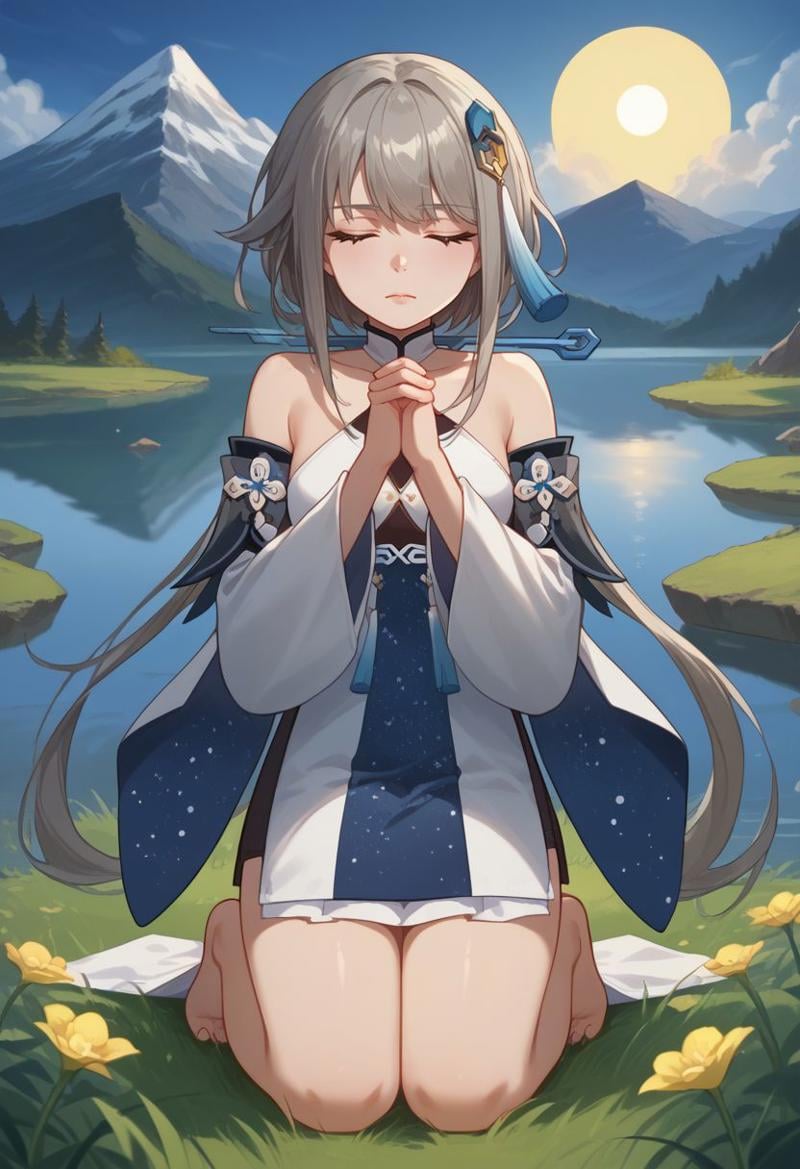 score_9, score_8_up, score_7_up, source_anime, 1girl, guizhongdef, closed eyes, grey hair, long hair, sidelocks, hair ornament, tassel hair ornament, small breasts, bare shoulders, detached sleeves, wide sleeves, long sleeves, sleeves past fingers, white dress, halterneck, chinese clothes, starry sky print, tassel, anklet, praying, own hands together, wariza, kneeling, serious, closed mouth, outdoors, rocks, lake, grass, mountain, sun, <lora:Guizhong_v1-000010:1>