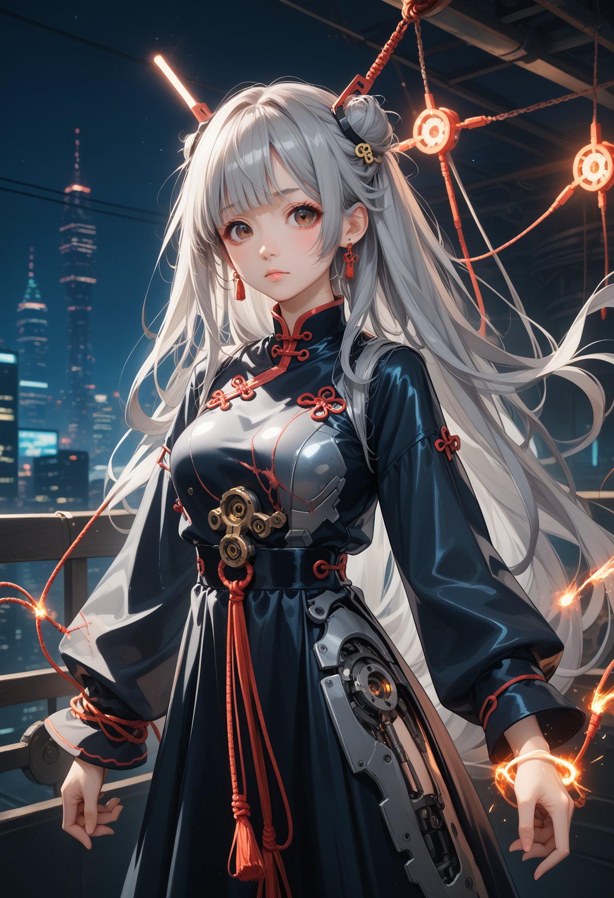 1girl,solo,looking at viewer,fluffy hair,large_breasts,blush shy,shiny_skin,very detailed clothes,very realistic textures,very detailed textures,longeyelashes,brown eye shadow,night,dim light,cyberpunk,mechanical arm,sci-fi style clothes,hair_tucking,metal material,realistic metallic texture,hands,raise your hand,Injuries,scratches,gears,links,chains,wires,sparks,electric sparks,Gray hair,air bangs,very long hair,thick hair,fluffy hair,Chinese clothing,very long dresses,hair accessories,hairpins,loose sleeves,long sleeves,bracelets,earrings,Hanfu,fine costumes,fine textures,girl standing beside the peach tree in a daze,flapping her hair,light yarn,translucent,, cinematic film still,score_9,score_8_up,score_7_up,masterpiece,best quality,perfect anatomy,very aesthetic,official art,8k,