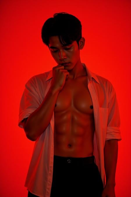 real life photo,grainy photo,solo,realistic photo,red light,handsome boy in red background,front view,cowboy shot,holding his chin up looking down,combed over short hair korean man wearing open shirt showing his abs,<lora:fluxboys:0.7> fluxboys,