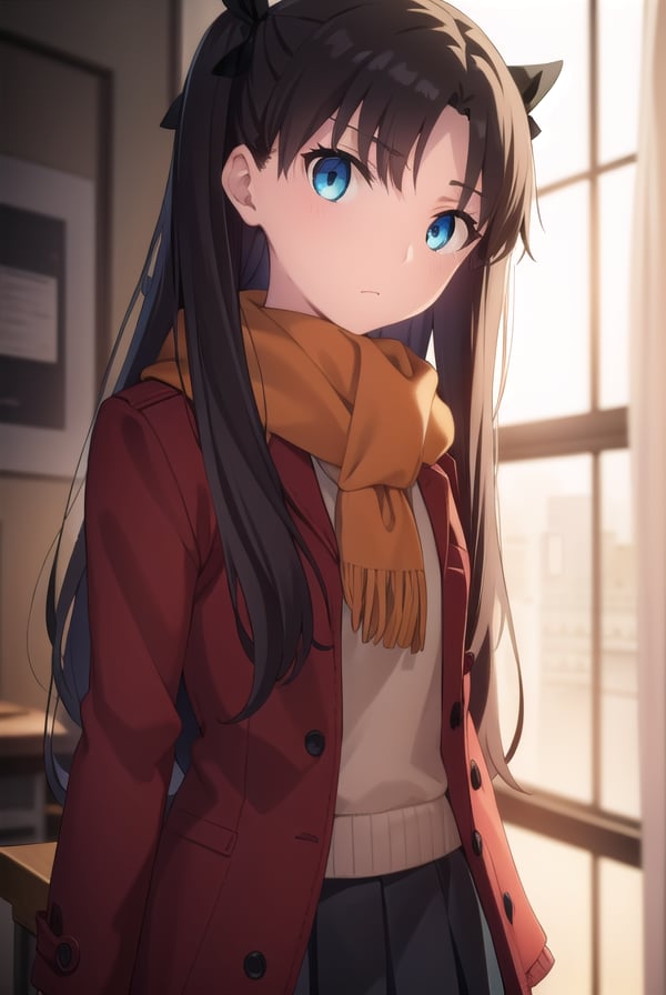 rintohsaka, <lora:rin tohsaka ubw-lora-nochekaiser:1>, rin tohsaka, aqua eyes, (black hair:1.2), hair ribbon, long hair, ribbon, sidelocks, two side up, (parted bangs:1.5),BREAK skirt, thighhighs, long sleeves, pleated skirt, black thighhighs, black skirt, scarf, zettai ryouiki, coat, (red coat:1.2), orange scarf,BREAK indoors, classroom,BREAK looking at viewer, (cowboy shot:1.5)BREAK <lyco:GoodHands-beta2:1>, (masterpiece:1.2), best quality, high resolution, unity 8k wallpaper, (illustration:0.8), (beautiful detailed eyes:1.6), extremely detailed face, perfect lighting, extremely detailed CG, (perfect hands, perfect anatomy),