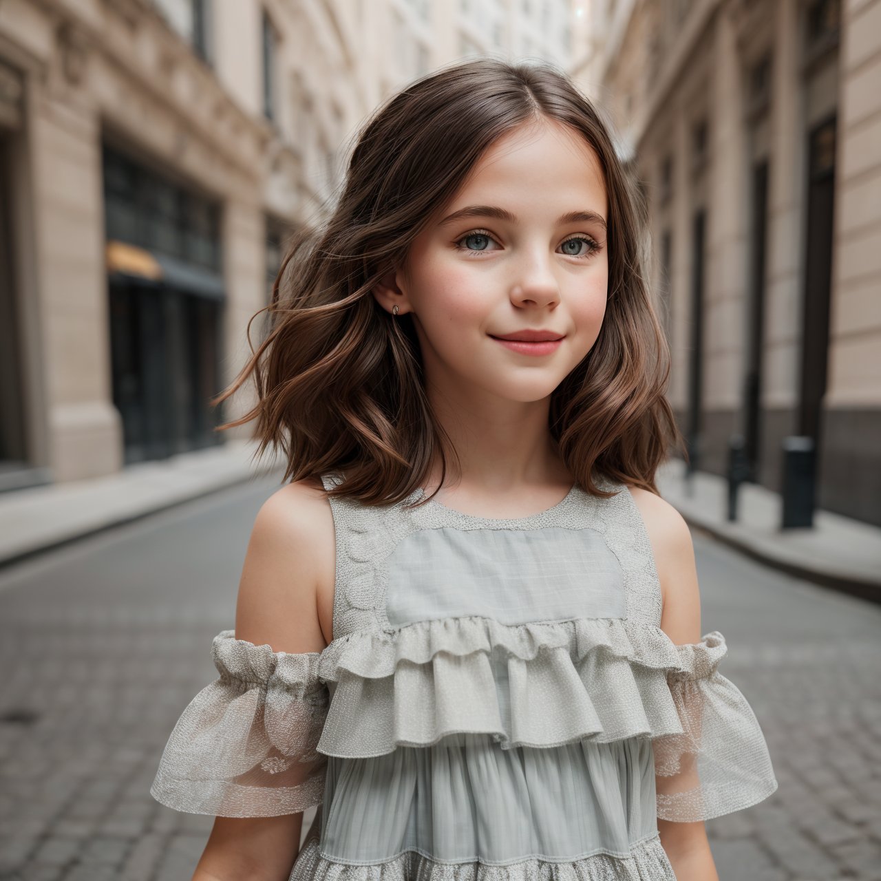 looking at viewer,  portrait of calm in a dark gray dress on the street,  little girl on Tensor.Art