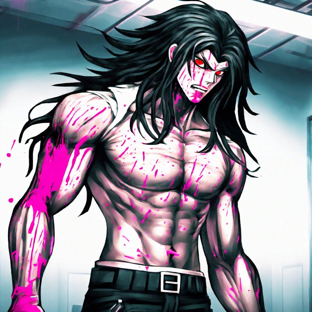 a muscular man with long black hair and red glowing eyes standing in a dark classroom, covered in pink blood splatters, danganronpa style, thick lines, <lora:danganronpa_style-V1.0:0.8>