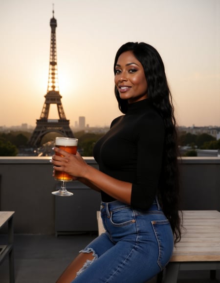 She wears a black turtleneck and jeans. She holds a beer at a paris café terrasse. Sunset. Effeil tower in the background...