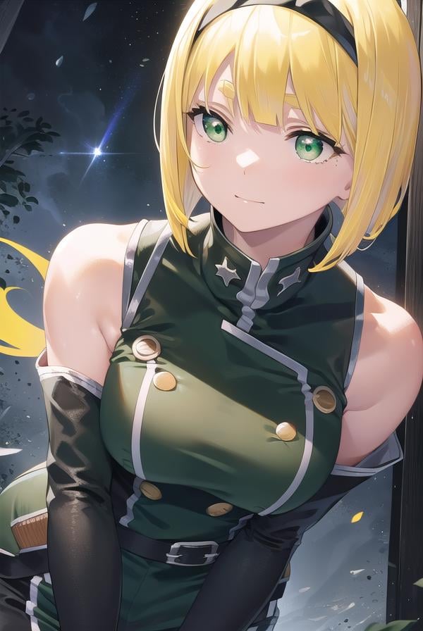 shushusuruga, <lora:shushu suruga manga-lora-nochekaiser:1>,shushu suruga, short hair, bangs, hair ribbon, hairband, blunt bangs, thick eyebrows, (green eyes:1.5), (yellow hair:1.5), smile,BREAK gloves, shorts, elbow gloves, belt, buttons, military uniform, military, (bare shoulders:1.5), (black military uniform:1.7),BREAK outdoors, space, starry sky, star \(sky\), moon,BREAK looking at viewer, (cowboy shot:1.5),BREAK <lyco:GoodHands-beta2:1>, (masterpiece:1.2), best quality, high resolution, unity 8k wallpaper, (illustration:0.8), (beautiful detailed eyes:1.6), extremely detailed face, perfect lighting, extremely detailed CG, (perfect hands, perfect anatomy),