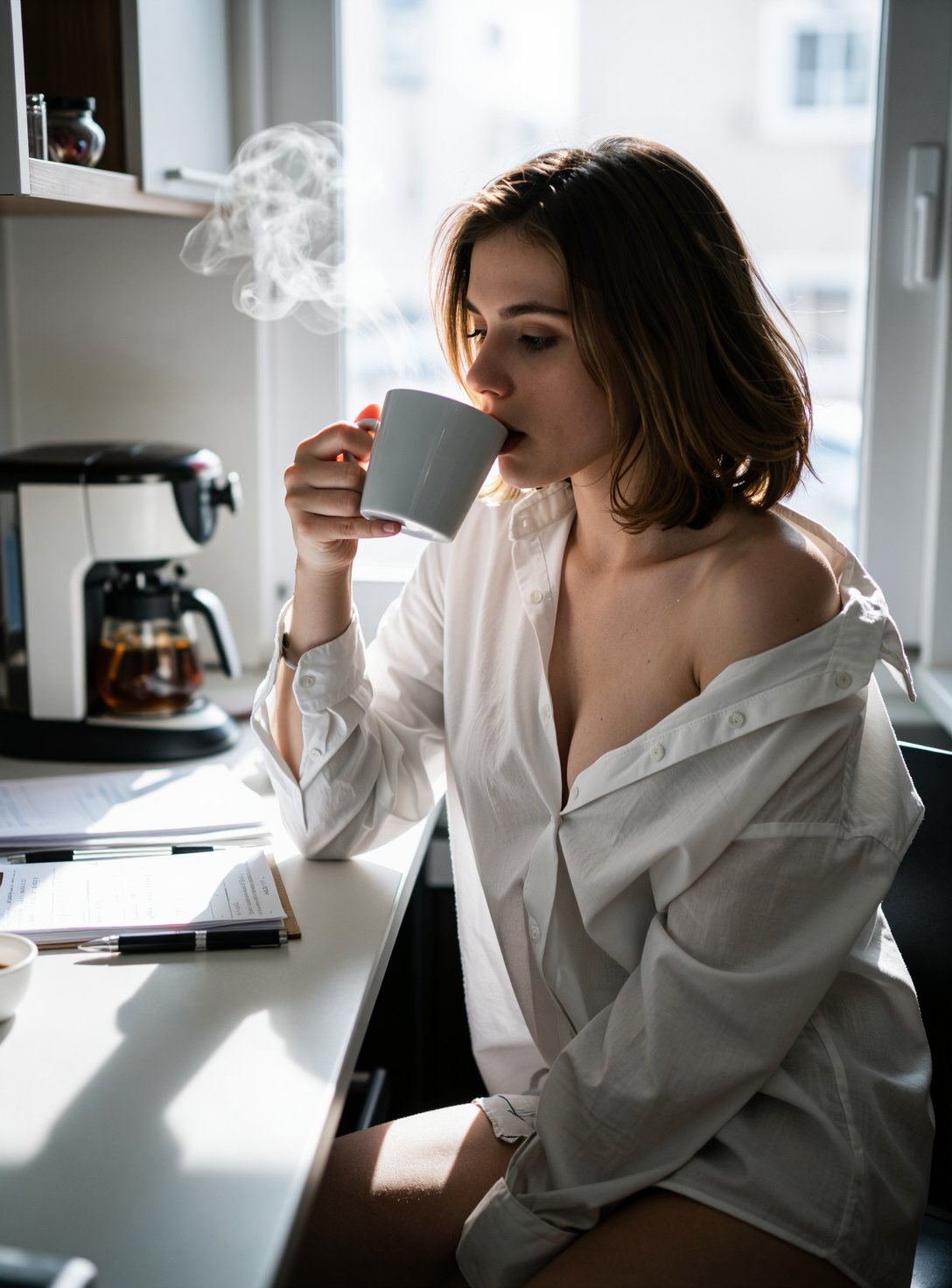 A late 20s to early 30s woman with average build,  wearing an oversized white button-down shirt unbuttoned to the waist,...
