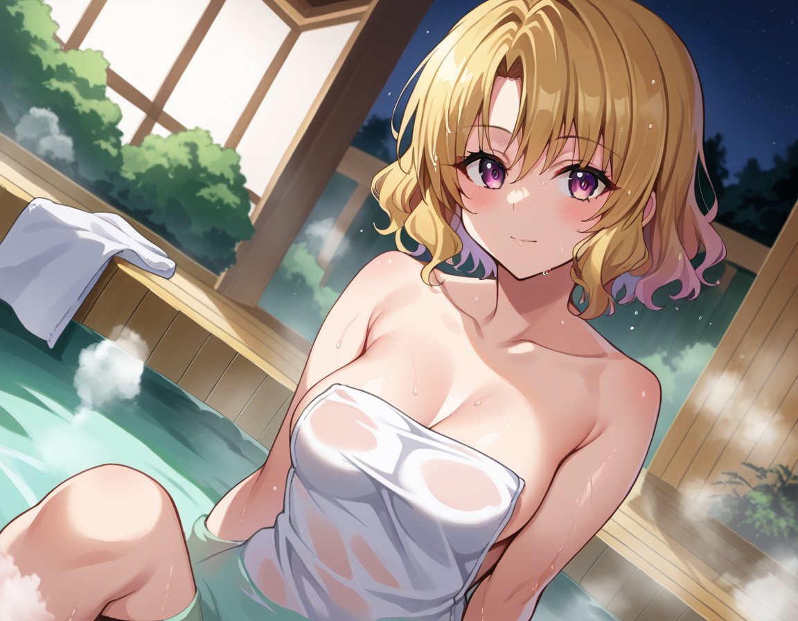 score_9, score_8_up, score_7_up, source_anime,risamomioka, <lora:risa-momioka-darkness-ponyxl-lora-nochekaiser:1>,risa momioka, short hair, blonde hair, wavy hair, parted bangs, purple eyes,nude, naked, outdoors, onsen, towel, naked towel, steam, bathing, nude cover, partially submerged, water, bath, steam censor, wet towel,looking at viewer, cowboy shot, dutch angle,