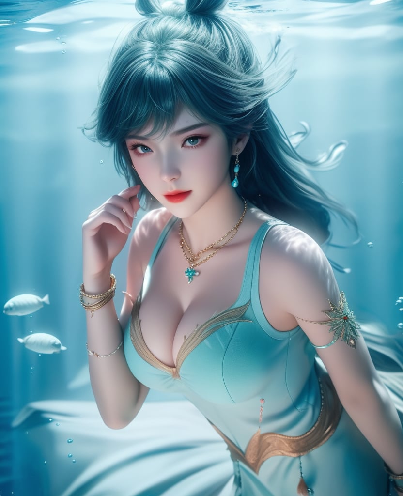 <lora:斗罗大陆-唐舞桐-海神缘:0.8> (,1girl, ,best quality, ),looking at viewer,masterpiece, ((((, solo,  , ,solo focus, ,underwater, )))) ,ultra realistic 8k cg,   clean, masterpiece,     cinematic lighting, cinematic bloom,  (( , )),, , unreal, science fiction, luxury, jewelry, diamond, gold, pearl, gem, sapphire, ruby, emerald, intricate detail, delicate pattern, charming, alluring, seductive, erotic, enchanting, hair ornament, necklace, earrings, bracelet, armlet,,(cleavage),