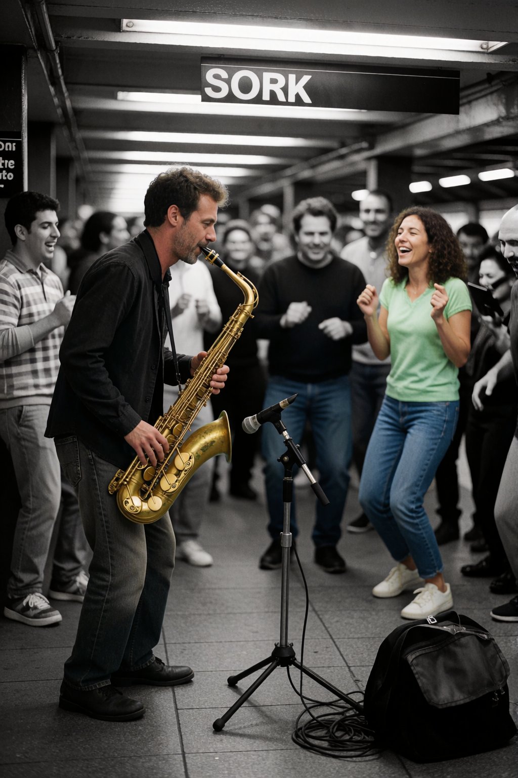 documentary photography of street musician playing saxophone in new york subway,  crowd gathering and dancing,  candid mom...