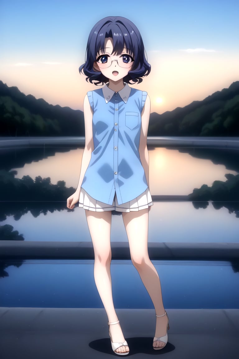 Highly detailed, High Quality, masterpiece, beautiful, 1girl, solo, (feminine focus, young woman, 16 years old), ai yamagata, short hair, blue hair, glasses, black eyes, (small breasts), Open mouth, sleeveless, ((sky blue shirt:1.8)), pants, forest, night, outdoors, looking_at_viewer, full_body, front_view, standing<lora:EMS-432479-EMS:1.000000>, <lora:EMS-425426-EMS:0.800000>