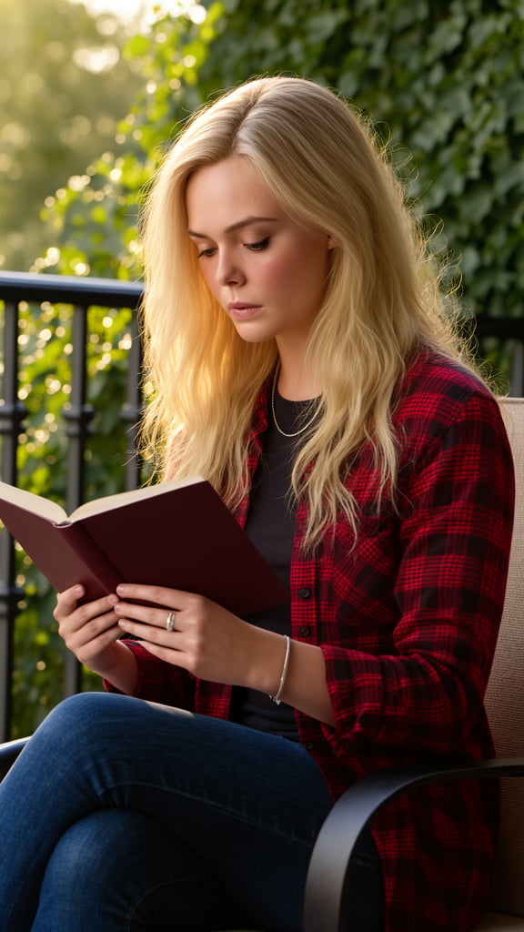 A medium shot of E11eFann1ng with long,  wavy blonde hair,  styled with a slight half-up look that frames her face. She ha...