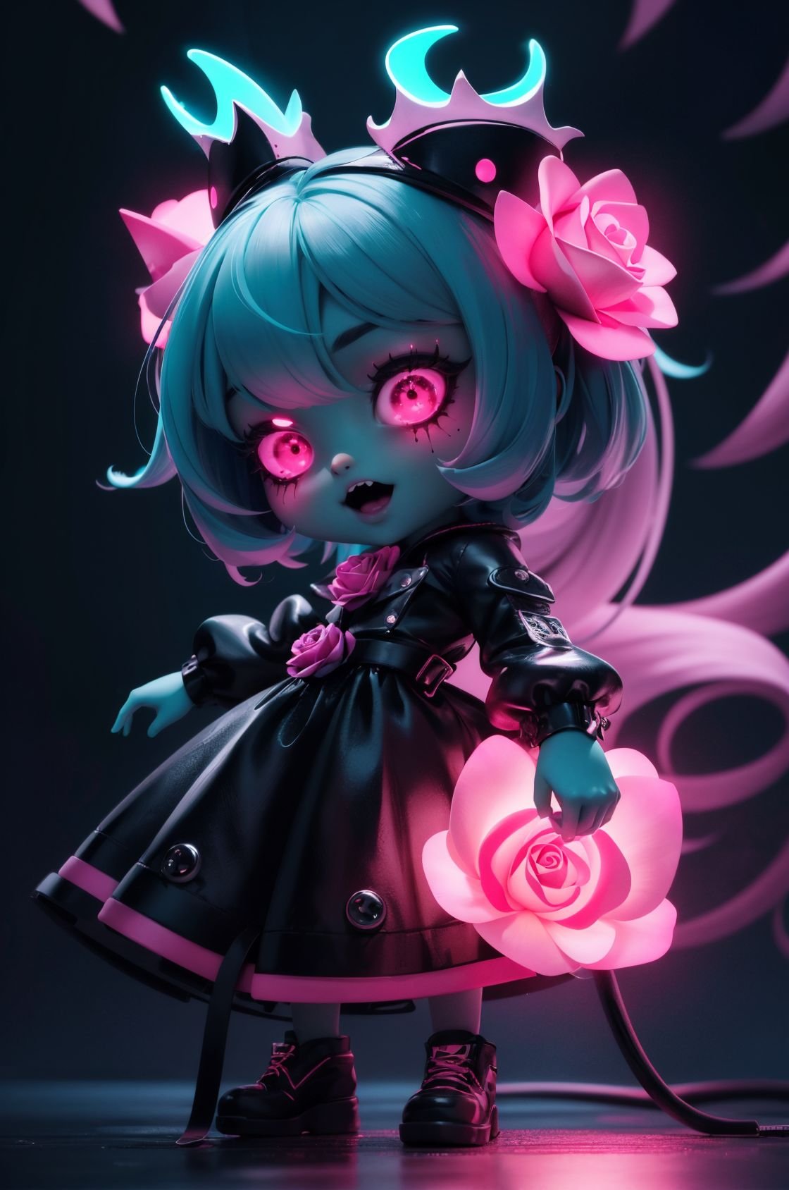 NJIP,chibi,((Glow)),3D,(a scary ugly rose- creation),cute female-monster,Surrealism Dream Style,Glowing neon color,neon light,low angle shot,highly detailed,ultra-high resolutions,32K UHD,best quality,masterpiece,(kawaii,chibi:1.1),