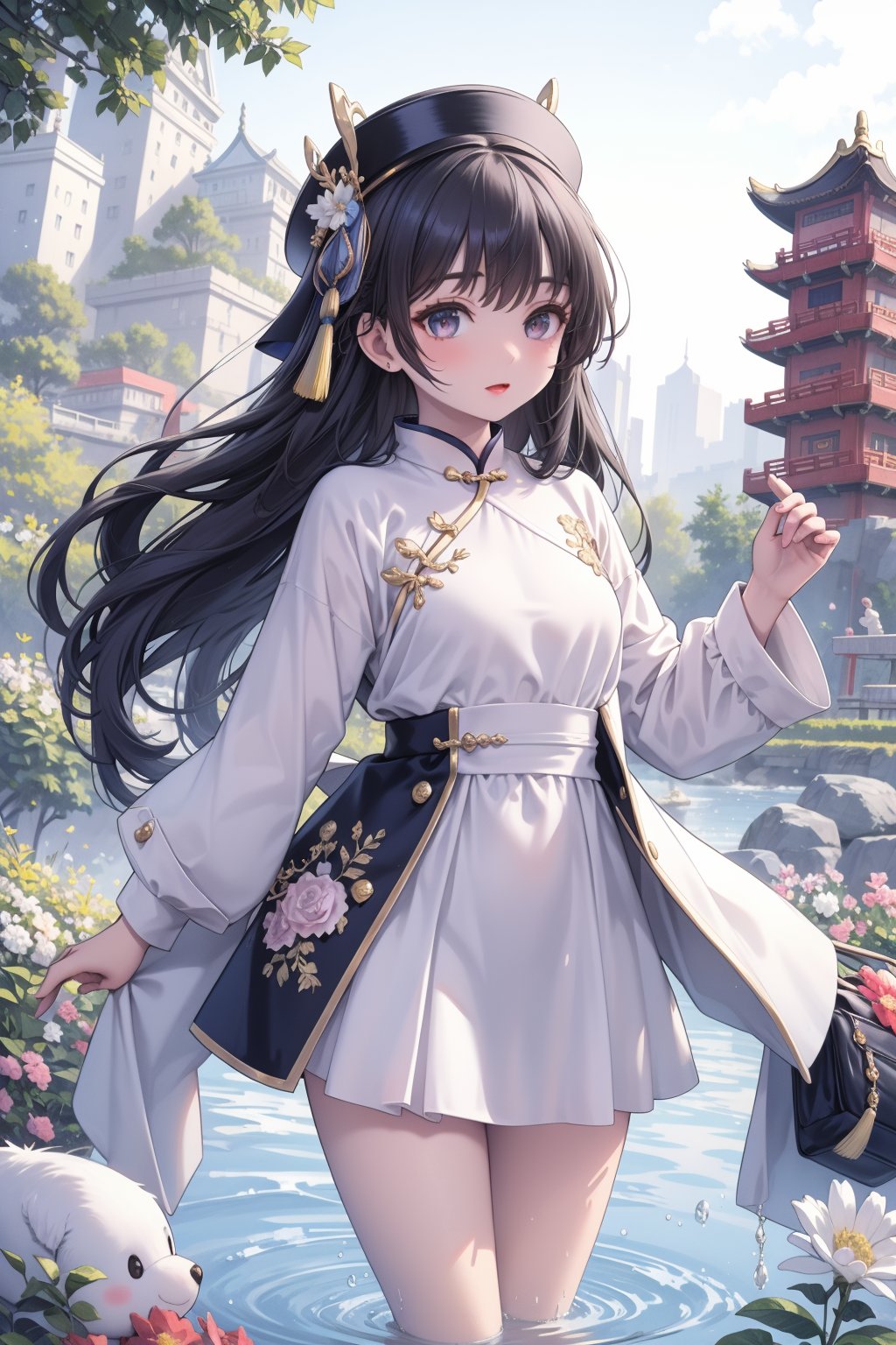 best quality , masterpiece , illustration , an extremely delicate and beautiful , Amazing , finely detail , masterpiece , best quality , official art , extremely detailed CG unity 8k wallpaper , 1girl , solo , long hair , black hair , jacket , cute , asuna , hoodie , hat , white leggings , floating hair ornament , g2h , gun to head , handgun , fg2h , fingergun:1.5 , (best quality) , (masterpiece) , beautiful eyes , (delicate face) , perfect detail , (best lighting) , (super complex details) , dynamic angle , floating , fairyland , dynamic angle , sea of flowers , beautiful detailed garden , wind , classic , spring , (detailed light) , feather , nature , (sunlight) , river , forest , (((floating palace))) , ((the best building)) , beautiful and delicate water , ((chinese building:1.5)) , (sketch) , (bloom) , (shine) , perfect detail , (best lighting) , (super complex details) , 