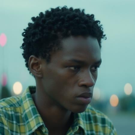 tightly curled hair is wearing a green and yellow plaid shirt. He is looking to his right with a serious expression. His left ear is visible. The background is blurred, but it appears to be a light blue sky with some out of focus trees in the distance. The background has a greenish tint., with a few out-of-focus lights in the background. The woman is the only figure in the image., and the image has a dark, but appears to be some sort of light blue wall with a pink object in the upper left corner.