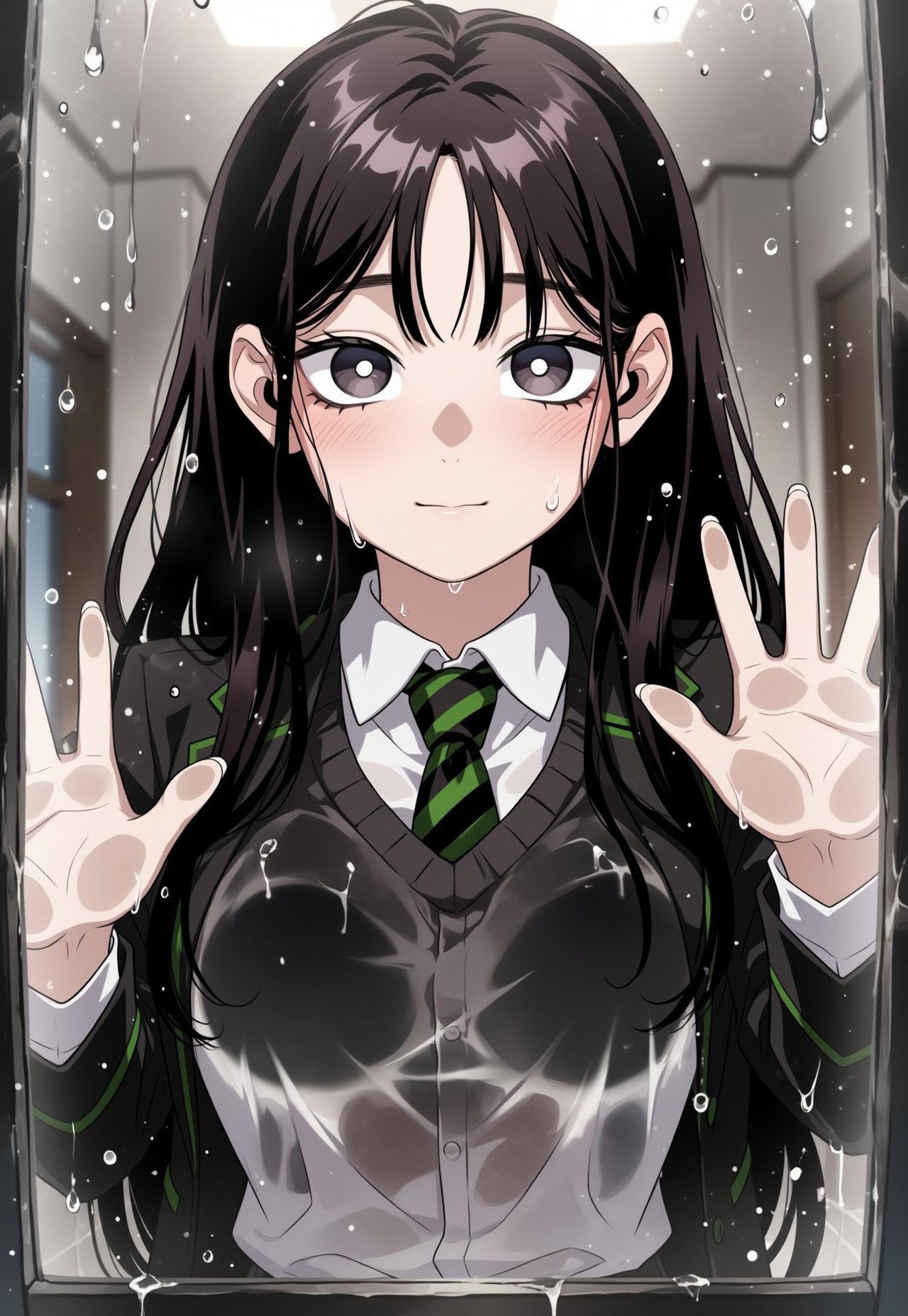 masterpiece,  best quality,  score_7"standing behind a wet glass window pane covered in raindrops by EroBytes on Tensor.Art