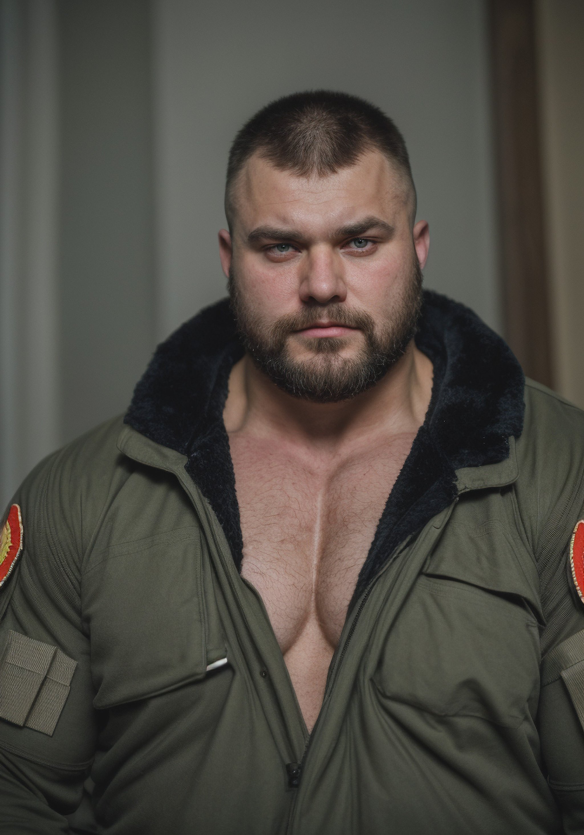 Highly detailed, [Portrait-photojournalism], GS-Masculine, (A 250lbs russianbodybuilder:hairymusclebear), Black hair, fuzzy eye brows, [[blue-eyes, pupils]], round face, [subble]+goatee, Stocky:burly, muscle_bear. skin pores, imperfect skin. Russian military extremist, (KGB Special ops), ussr, staligrad, [Ambient light], Bloom, Canon EOS R6, Nokton 70mm f1.1, [Strong shapes composition], Cinestill 800T, [[Vignette]], award winning quality