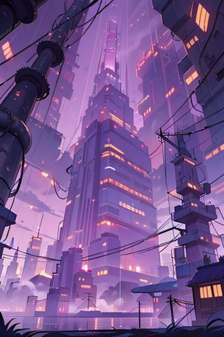 lanscape, amegakure  buildings, towers, dawn, cables, heavy rain, purple sky cloud, pipes, electricity, fog, cloudy sky, anime style, ghibli style,  ray of lights, <lora:ARWAmegakure:1>