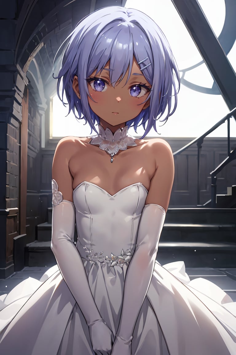 masterpiece, best quality, ultra-detailed, glistening shiny, glowing light, ray tracing, HDR, deph of field, (perfect face, detailed face),  <lora:SprRen:0.7>, sprren, (dark skin:1.2), short hair, hairclip, flat chest, wedding dress, strapless, elbow gloves, collarbone, bare legs