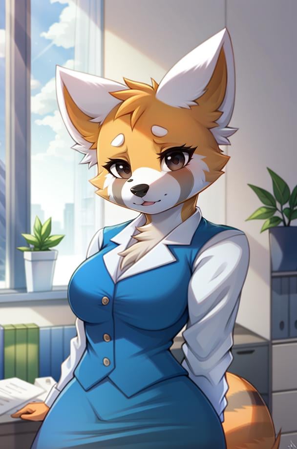 1girl, RetsukoCzar, (two-toned fur, orange fur, black eyes, whiskers, animal ears, racoon tail, striped tail, snout), (blue skirt, white long-sleeved shirt, blue vest, office lady), (interior, office), (masterpiece:1.2), hires, ultra-high resolution, 8K, high quality, (sharp focus:1.2), clean, crisp, cinematic, <lora:Retsuko-20:1>