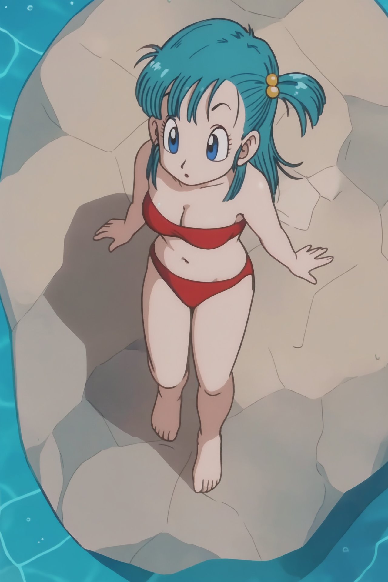 source_anime, score_9, score_8_up, score_7_up, anime screencap, bulma \(dragonball\), 1girl, solo, breasts, blue eyes, hair ornament, navel, cleavage, medium breasts, aqua hair, swimsuit, bikini, barefoot, water, :o, one side up, from above, hair bobbles, red bikini, rock, standing, strapless, looking ahead, looking at another, holding, dragon radar, bare shoulders, eyebrows, eyelashes <lora:bulma_pony_v1:0.8>