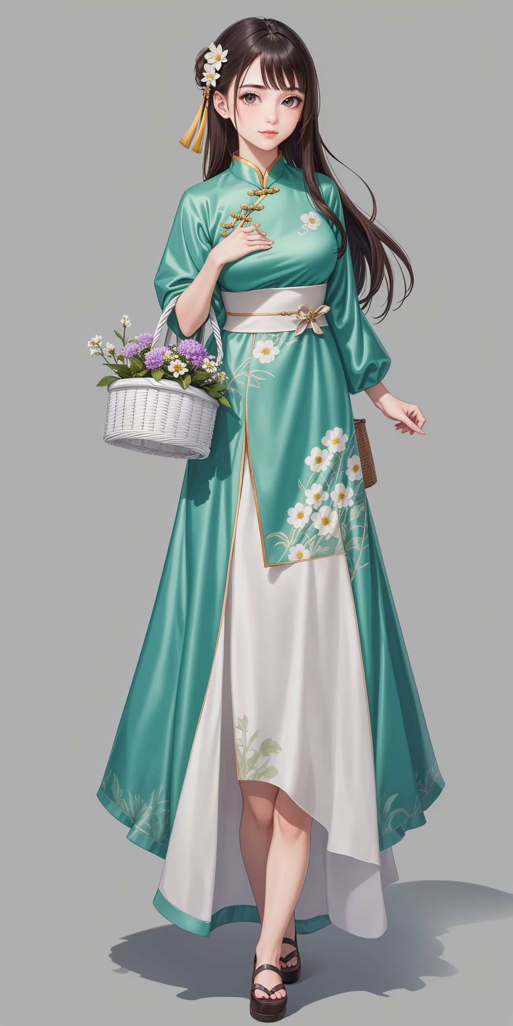 1girl,basket,solo,brown hair,long hair,flower,hair ornament,full body,hair flower,holding basket,standing,dress,holding,grey background,chinese clothes,shadow,looking at viewer,jewelry, <lora:sur Mix_20240223010857-000016:0.3>