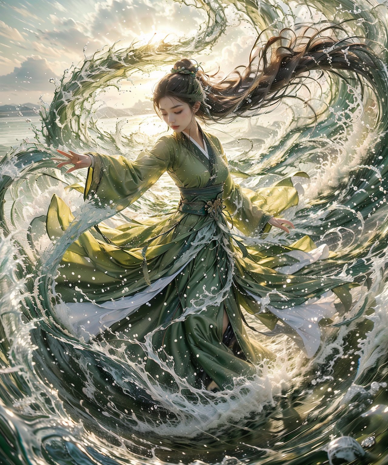 haifeisi, 1girl, solo, long hair, water, green dress, hair ornament, chinese clothes, waves, ponytail, splashing, dress, closed eyes, brown hair, long sleeves, hanfu, standing, watermark, jewelry, outdoors, wide sleeves,Best quality,masterpiece,ultra high res,<lora:20240122-1705924259525-0015:0.65>,