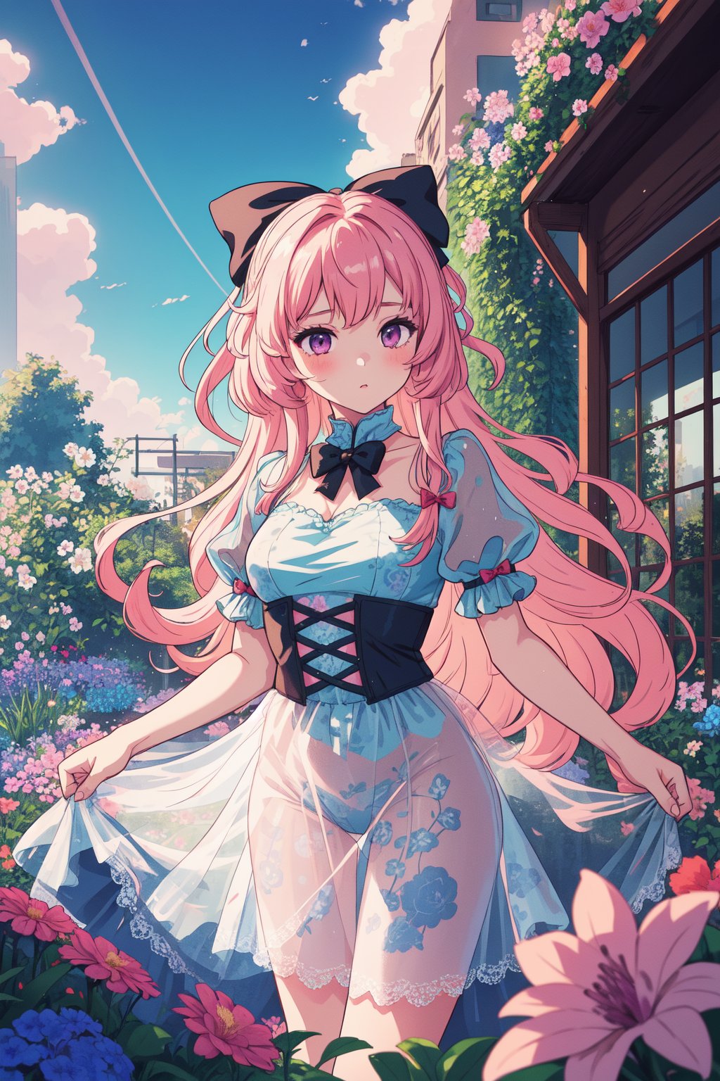 1girl, long hair, floral print, lace, bow, short puffy sleeves,see-through,garden,flower,sky,synthwave,