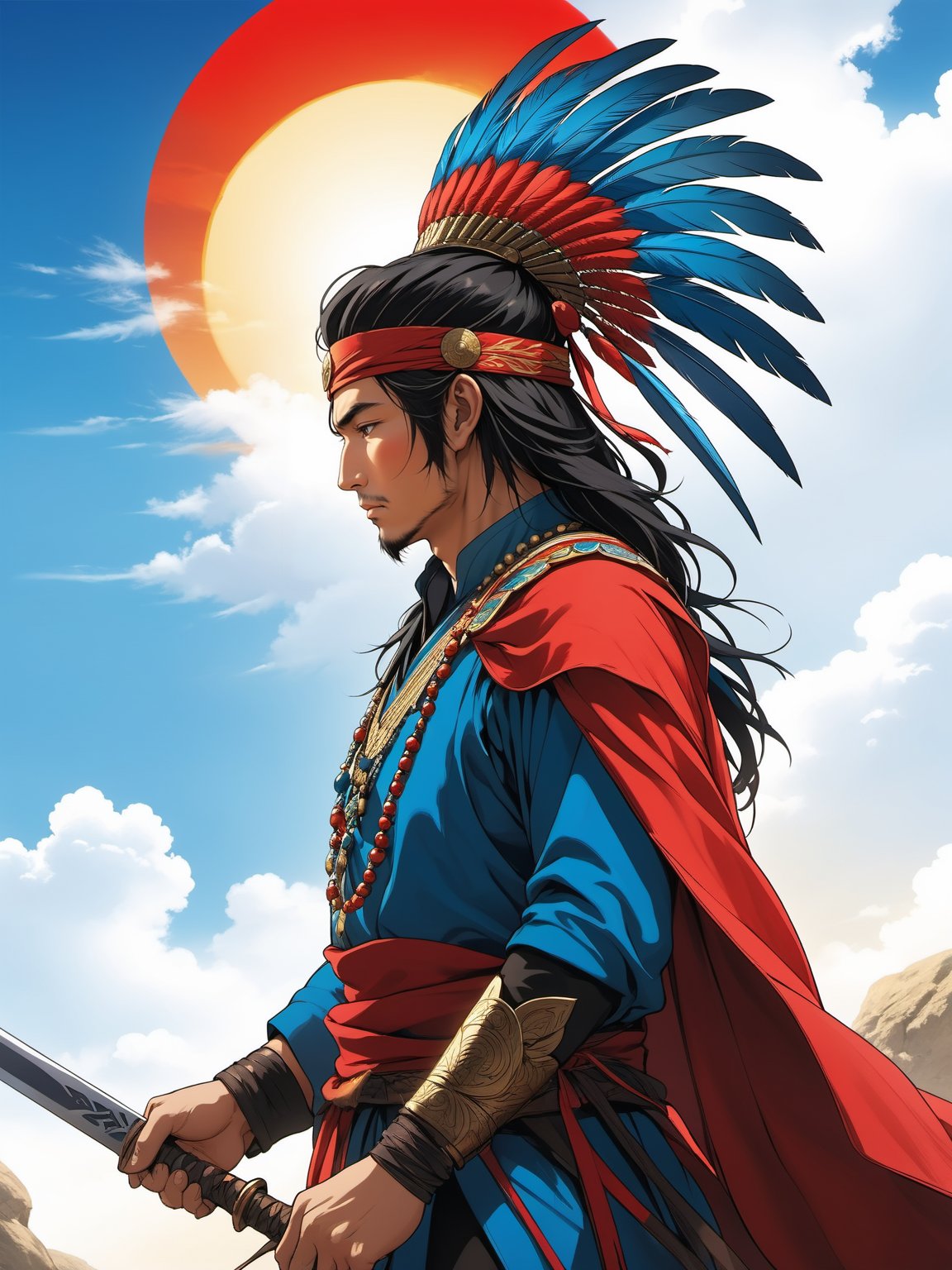 Primitive tribe, middle-aged man, profile, national costume, Tall Hat, weapon, sky, Solo, male focus, Sun, outdoor, cloud, jewelry, necklace, sheath, sword, sheath, blue sky, silhouette, hat feather, upper body, back arms, scarf, red headdress, shawl, from the side, wall, black hair, close-up, rock