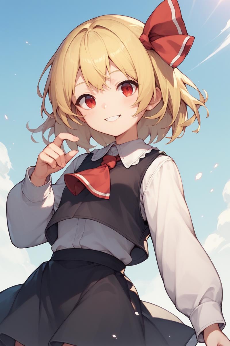 score_9, score_8_up, score_8, score_9, 1 girl, source_anime, black vest, white shirt, long sleeves, black skirt, blonde hair, red eyes, red ascot, hair ribbon, rumia, <lora:rumia_pony-10:1>, smile, cowboy shot, 