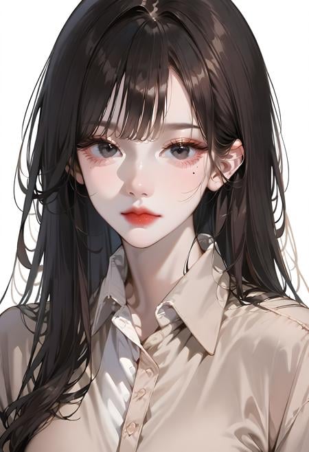 score_9, score_8_up, score_7_up, best quality, source_anime BREAK, KoreanAI, 1girl, black hair, long hair, white background, collared shirt, looking at viewer, mole under eye, simple background, black eyes, upper body, brown shirt, closed mouth, red lips, <lora:KoreanAIStyle:1>