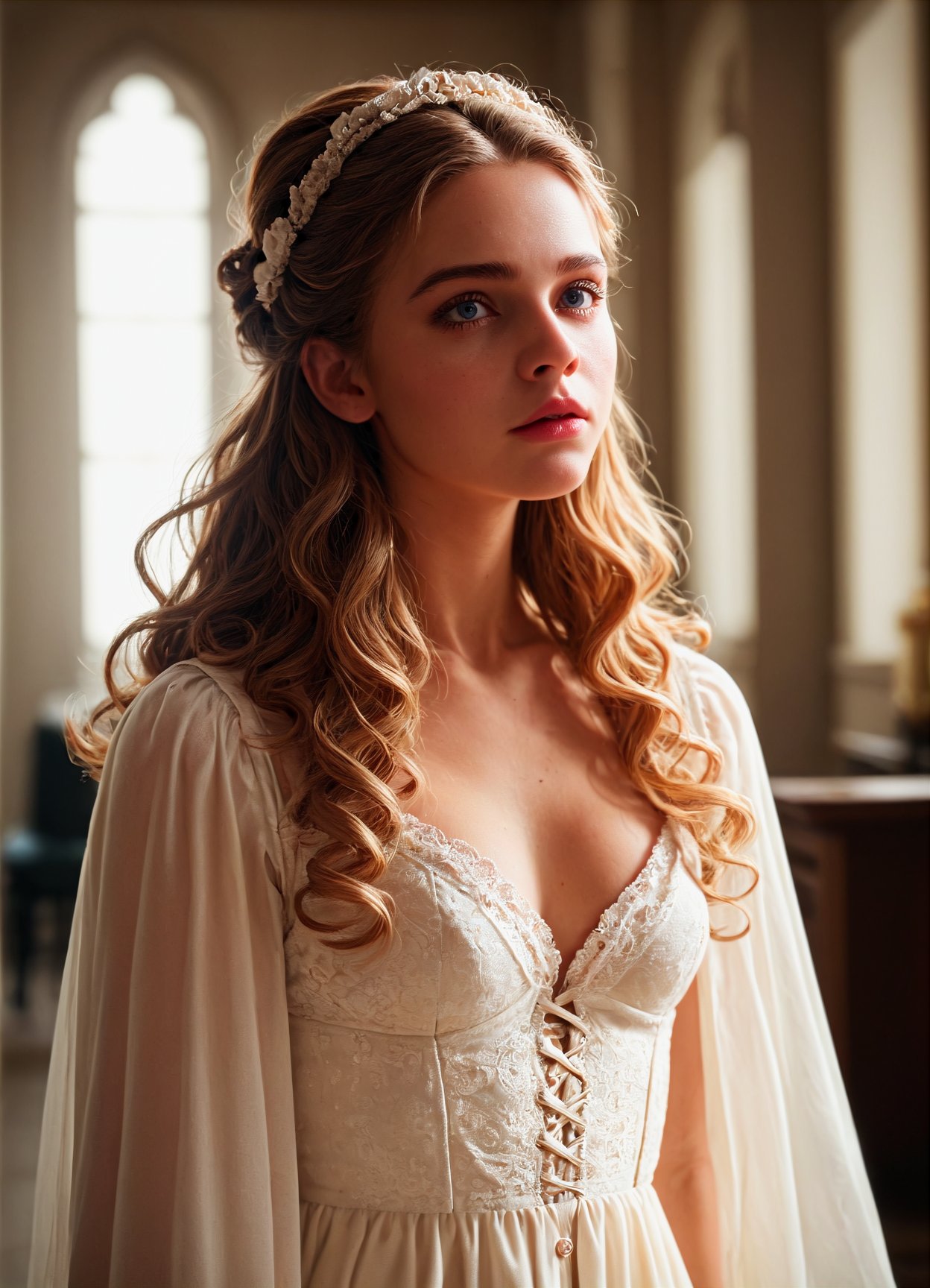 score_9, score_8_up, score_7_up, indoors, cinematic film still of a blond young woman in a diaphanous summer dress, victorian updo, curly locks, detailed face, intricately detailed, depth of field, dramatic backlighting