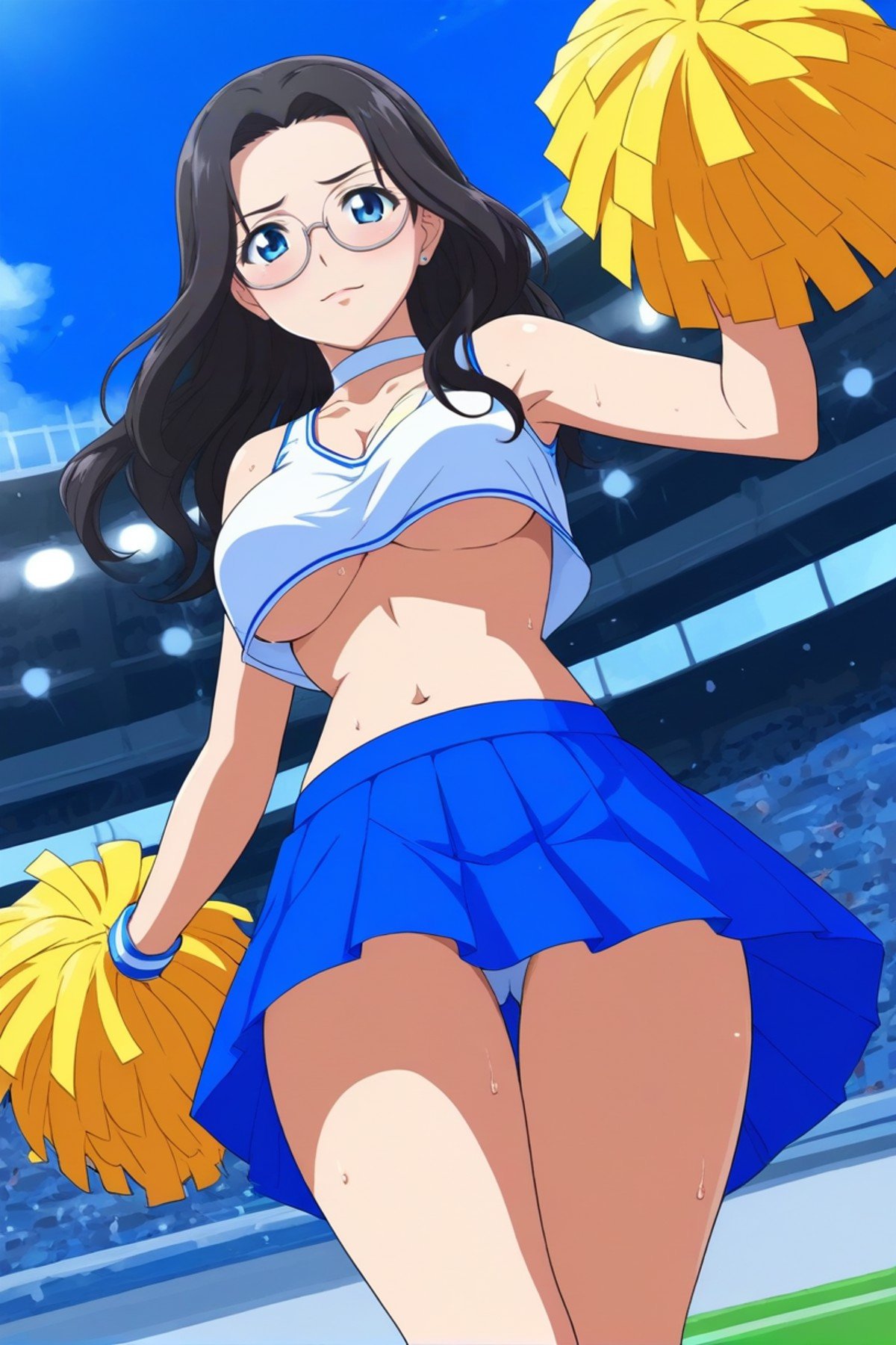 best quality,masterpiece,looking at viewer,absurdres,1girl,score_9,score_8_up,score_7_up,source_anime BREAK 1girl,alternate costume,bangle,bare arms,blue skirt,blue sky,bracelet,breasts,cheerleader,choker,cloud,confetti,contemporary,crop top,crop top overhang,day,dice,from below,jewelry,large breasts,navel,neck tassel,outdoors,holding,(holding pom poms:1.2),(pom pom (cheerleading):1.1),pleated skirt,shirt,skirt,sky,sleeveless,sleeveless shirt,stadium,stadium lights,stomach,sweat,tassel,thighs,underboob,wet,white choker,white shirt,Tsundere,shy,blush,,<lora:019-天上天下-葛葉真鱼XLV1:0.8>,kuzunoha mana,black hair,glasses,long hair,blue eyes,breasts,