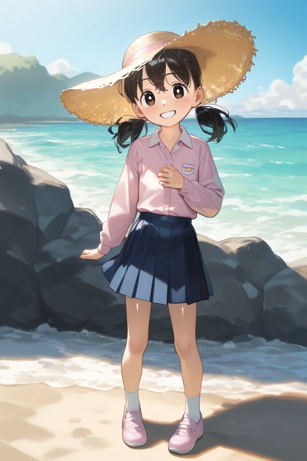 score_9, score_8_up, score_7_up, score_6_up, score_5_up, score_4_up, source_anime,minamoto sizuka,1girl, outdoors, hat, solo, skirt, twintails, black hair, socks, sky, shirt, blue skirt, beach, smile, day, cloud, shoes, black eyes, pink footwear, ocean, white socks, looking at viewer, long sleeves, pink shirt, blue sky, standing, full body, pleated skirt, bright pupils, short twintails, water, child, white pupils, collared shirt, blush, grin, straw hat, sun hat, hand up, low twintails,masterpiece, perfect face, best quality, beautiful girl, cute girl, beautiful eyes, shiny eyes, anime coloring, anime screencap, absurdres, award winning, full body, <lora:minamoto shizuka mala 922:1>