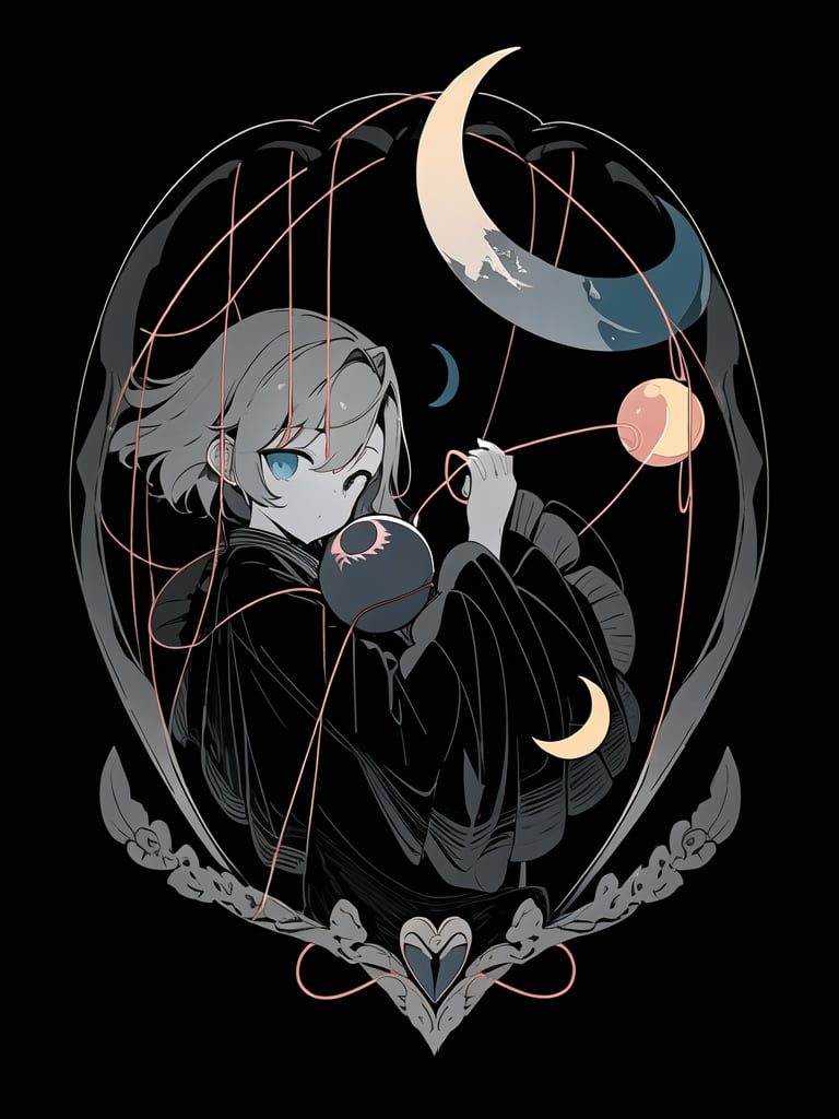 mty, masterpiece, best quality,black background clock crescent crescent moon earth \(planet\) greyscale heart heart of string komeiji koishi letterboxed moon night planet star \(symbol\) string sun third eye transparent background 