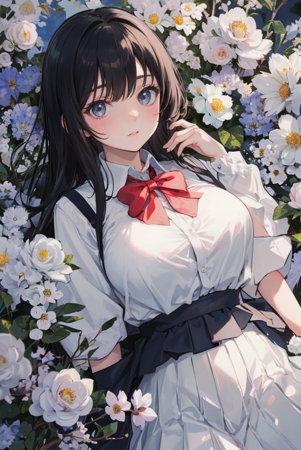 best quality,masterpiece,ultra high res,looking at viewer,simple background,huge breasts,1girl,fujifilm,fuji 800z,Fujifilm X-T3,35mm f/6.3 lens,1girl,(Perfect female body:1.2),school_uniform,white flowers ,1girl,from above,bird's-eye_view,vintage filter,among flowers, backlight,limited_palette,white,field s of flowers