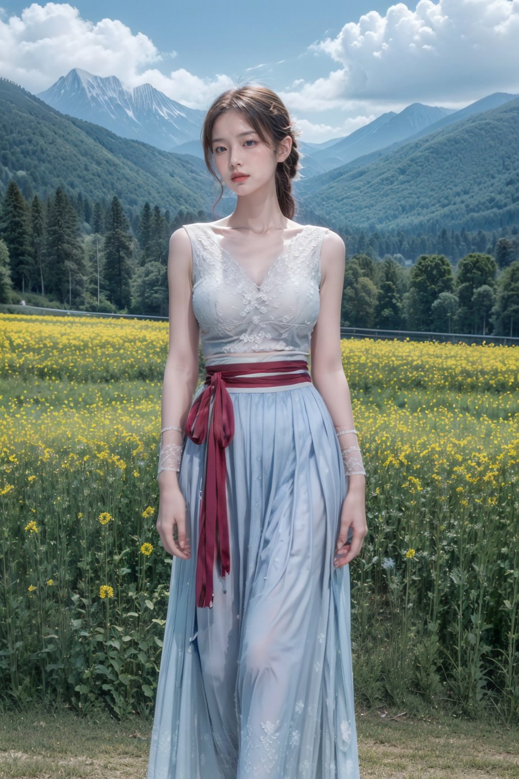 Realistic,masterpiece,best quality,8K,HDR,RAW,1girl,((solo)),(Spring scenery, mountains in the distance, beautiful clouds, rape flower fields),(standing),large breasts,Looking at the audience,(up body:1.2), <lora:add_detail:0.6>,<lora:GoodHands-beta2:1>,<lora:ENNE国风套装_v2_10:0.9>,chinese clothes,